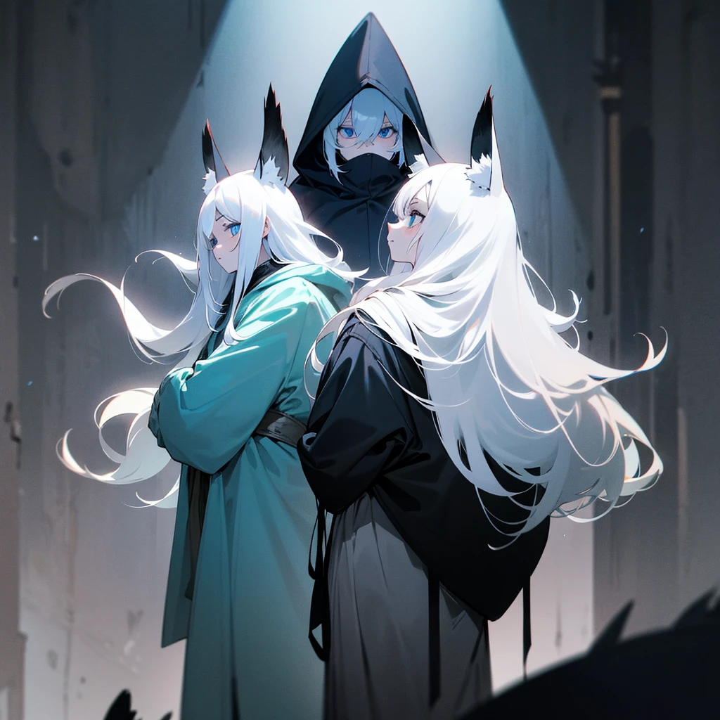 A character from a video game or animation, standing in a dimly lit room, with long white hair and wearing a large, fluffy white hoodie with black accents. The hoodie has ears on the top, making it resemble an animal costume. The character's face is visible; they have big blue eyes and appear to be looking downwards. Their hands are not visible; they might be tucked inside the sleeves of the hoodie or positioned in front of them. In the background, there are dark grey walls with some structures resembling shelves or cabinets but it's quite indistinct due to the lighting.