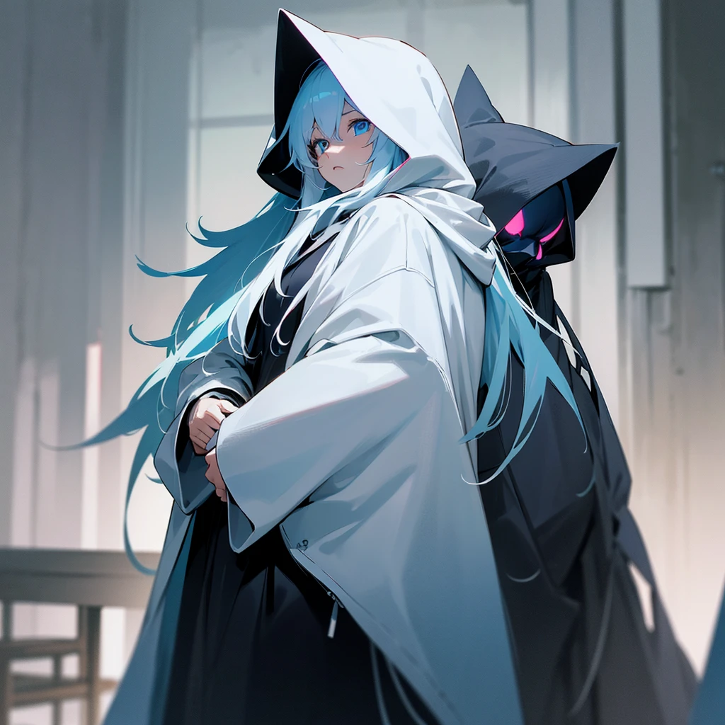 A character from a video game or animation, standing in a dimly lit room, with long white hair and wearing a large, fluffy white hoodie with black accents. The hoodie has ears on the top, making it resemble an animal costume. The character's face is visible; they have big blue eyes and appear to be looking downwards. Their hands are not visible; they might be tucked inside the sleeves of the hoodie or positioned in front of them. In the background, there are dark grey walls with some structures resembling shelves or cabinets but it's quite indistinct due to the lighting.
