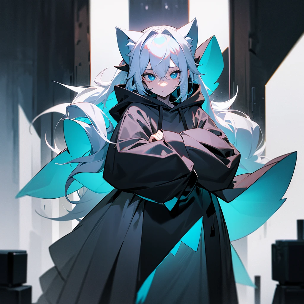 A character from a video game or animation, standing in a dimly lit room, with long white hair and wearing a large, fluffy white hoodie with black accents. The hoodie has ears on the top, making it resemble an animal costume. The character's face is visible; they have big blue eyes and appear to be looking downwards. Their hands are not visible; they might be tucked inside the sleeves of the hoodie or positioned in front of them. In the background, there are dark grey walls with some structures resembling shelves or cabinets but it's quite indistinct due to the lighting.