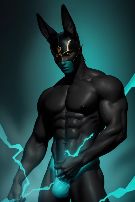 Illustration of a handsome Anubis man, he is sexy and muscular, shirtless, his body is black, his eyes are led turquoise, he is naked,  there's a turquoise glow coming from his crotch, there's black and turquoise fog, turquoise flames, gold sparks, up close