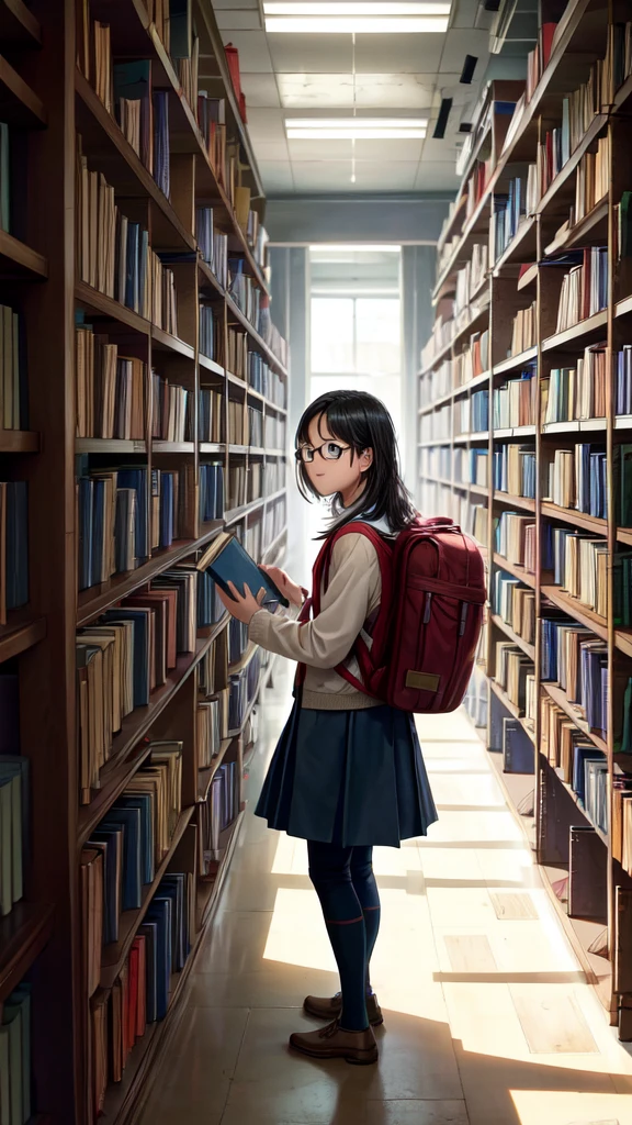 Alex, a student with a backpack, is seen browsing through the rows of books, looking for resources for a history paper. The camera follows them as they reach for a particularly ancient book on the top shelf. As Alex pulls the book, the camera zooms in to reveal that the book doesn’t come out easily