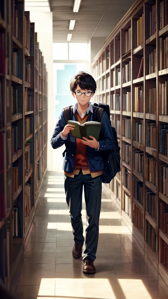 Alex, a student with a backpack, is seen browsing through the rows of books, looking for resources for a history paper. The camera follows them as they reach for a particularly ancient book on the top shelf. As Alex pulls the book, the camera zooms in to reveal that the book doesn’t come out easily