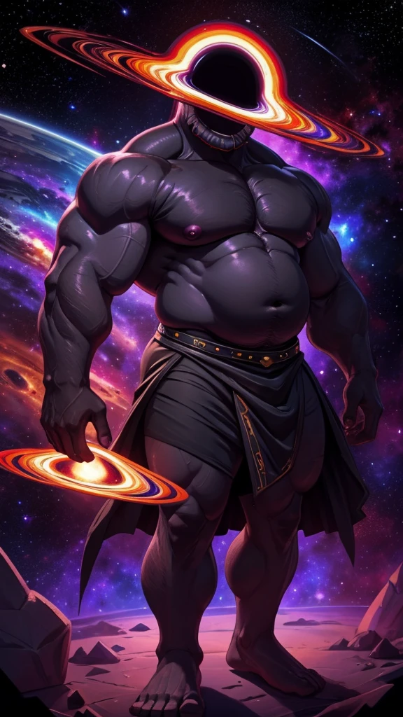 A colossal bara God, Void, headless, black hole for a head, skin is actually the galaxy, giant pecs, big belly, galaxy, Godlike, wearing a godly black and purple skirt, Space, Calamity, Bara art, high quality, HD, Muscular, slightly chubby, big arms, thick thighs