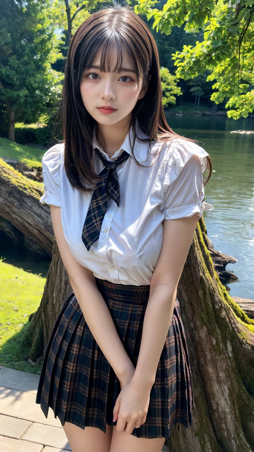 (absurdres:1.3), (highres:1.3), (ultra detailed:1.3),(1girl:1.3), (extremely detailed CG unity 8k wallpaper:1.3), (detailed skin texture, detailed cloth texture, detailed hair texture), (beautiful detailed face, supermodel, pale skin, realistic glistening skin), (RAW photo, best quality), (realistic, photo-realistic:1.4), masterpiece, extremely delicate and beautiful,Amazing, finely detail, extremely detailed CG unity 8k wallpaper, huge filesize, ultra-detailed, highres, absurdres, soft light,rim light, vibrant details, hotel room, straight hair, large breasts, black hair color, Big Natural Color Lip, (perfect body shape), beautiful legs, 20 years old, Beauty、Well-formed face、Make your eyes even、Large sagging eyes、Beautiful black hair、Has bangedium build、Well-balanced proportions、Arms wrapped around his back, hands tie behind back, Tartan plaid pleated skirt、Blue Short Sleeve Blouse、Beautiful scenery、(front view:1.3), Leaning against a large tree on the shore of a beautiful lake、