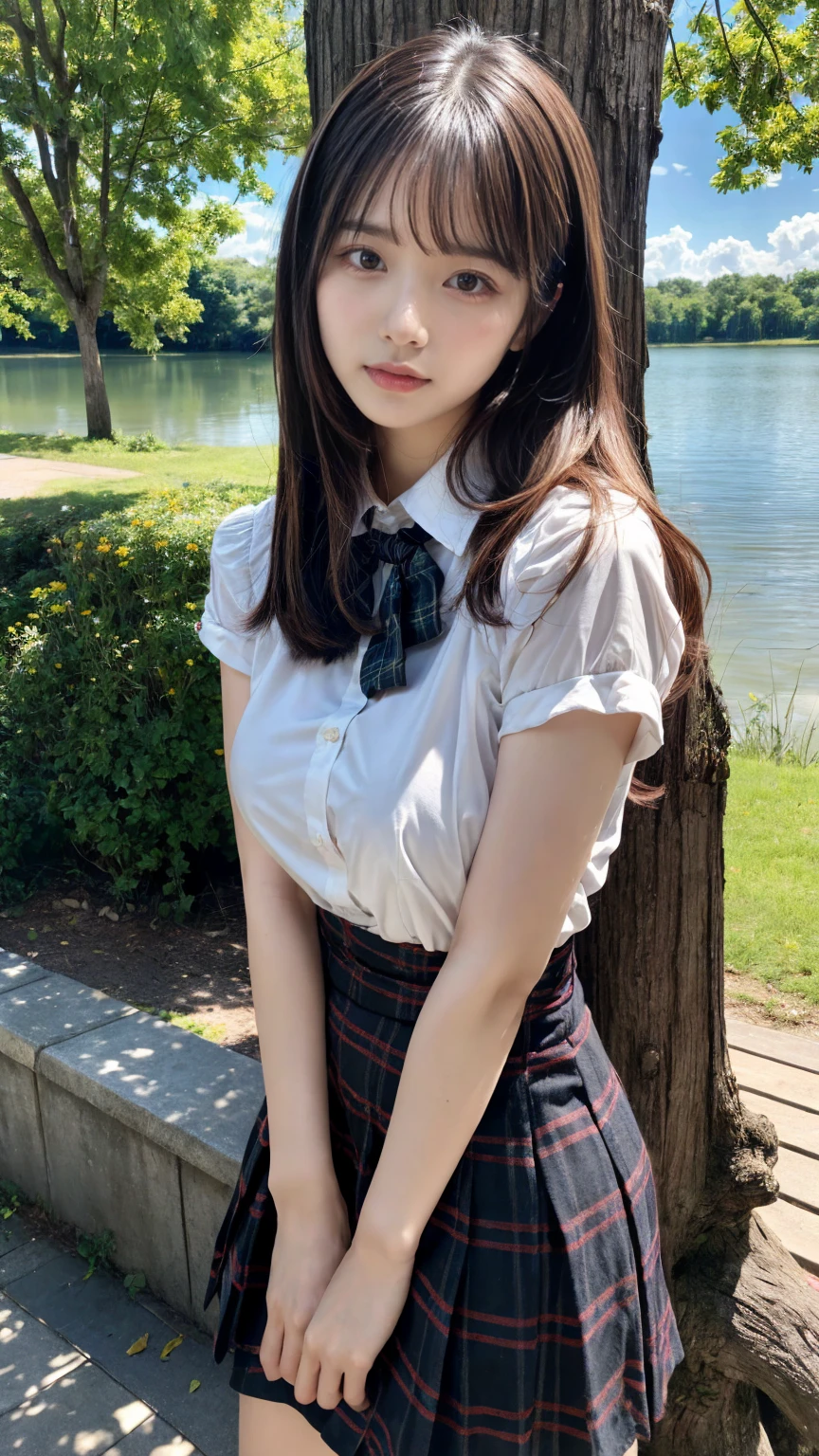 (absurdres:1.3), (highres:1.3), (ultra detailed:1.3),(1girl:1.3), (extremely detailed CG unity 8k wallpaper:1.3), (detailed skin texture, detailed cloth texture, detailed hair texture), (beautiful detailed face, supermodel, pale skin, realistic glistening skin), (RAW photo, best quality), (realistic, photo-realistic:1.4), masterpiece, extremely delicate and beautiful,Amazing, finely detail, extremely detailed CG unity 8k wallpaper, huge filesize, ultra-detailed, highres, absurdres, soft light,rim light, vibrant details, hotel room, straight hair, large breasts, black hair color, Big Natural Color Lip, (perfect body shape), beautiful legs, 20 years old, Beauty、Well-formed face、Make your eyes even、Large sagging eyes、Beautiful black hair、Has bangedium build、Well-balanced proportions、Arms wrapped around his back, hands tie behind back, Tartan plaid pleated skirt、Blue Short Sleeve Blouse、Beautiful scenery、(front view:1.3), Leaning against a large tree on the shore of a beautiful lake、