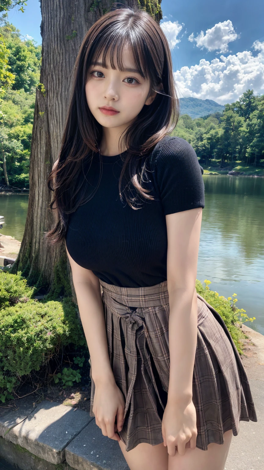 (absurdres:1.3), (highres:1.3), (ultra detailed:1.3),(1girl:1.3), (extremely detailed CG unity 8k wallpaper:1.3), (detailed skin texture, detailed cloth texture, detailed hair texture), (beautiful detailed face, supermodel, pale skin, realistic glistening skin), (RAW photo, best quality), (realistic, photo-realistic:1.4), masterpiece, extremely delicate and beautiful,Amazing, finely detail, extremely detailed CG unity 8k wallpaper, huge filesize, ultra-detailed, highres, absurdres, soft light,rim light, vibrant details, hotel room, straight hair, large breasts, black hair color, Big Natural Color Lip, (perfect body shape), beautiful legs, 20 years old, Beauty、Well-formed face、Make your eyes even、Large sagging eyes、Beautiful black hair、Has bangedium build、Well-balanced proportions、Arms wrapped around his back, hands tie behind back, Tartan plaid pleated skirt、Blue Short Sleeve Blouse、Beautiful scenery、(front view:1.3), Leaning against a large tree on the shore of a beautiful lake、