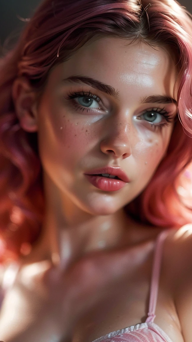 (((Ultra-realistic))) photograph, masterpiece, Highest quality, (Pale skin), (Highly detailed face and eyes:1.3), 1 Girl, Adult, Wearing a dress, ((eye make up, Pink Mascara)), ((Big and thin lips)), ((pink wavy hair)), ((Stylish hairstyle)) , (Natural Breasts), (Slim waist),Thin legs. ((tracing)), Photograph, (soft) Lighting, (Play of light and shadow), Depth of written boundary, bokeh, (Attention to detail of skin: 1.2), Fine leather texture, Skin pores. (The erotic atmosphere of the frame. Color range - Purple, pink, White Tone), dr, ((Film Grain)), ((light)), (glare), ((Full body photograph)) , Super detailed,