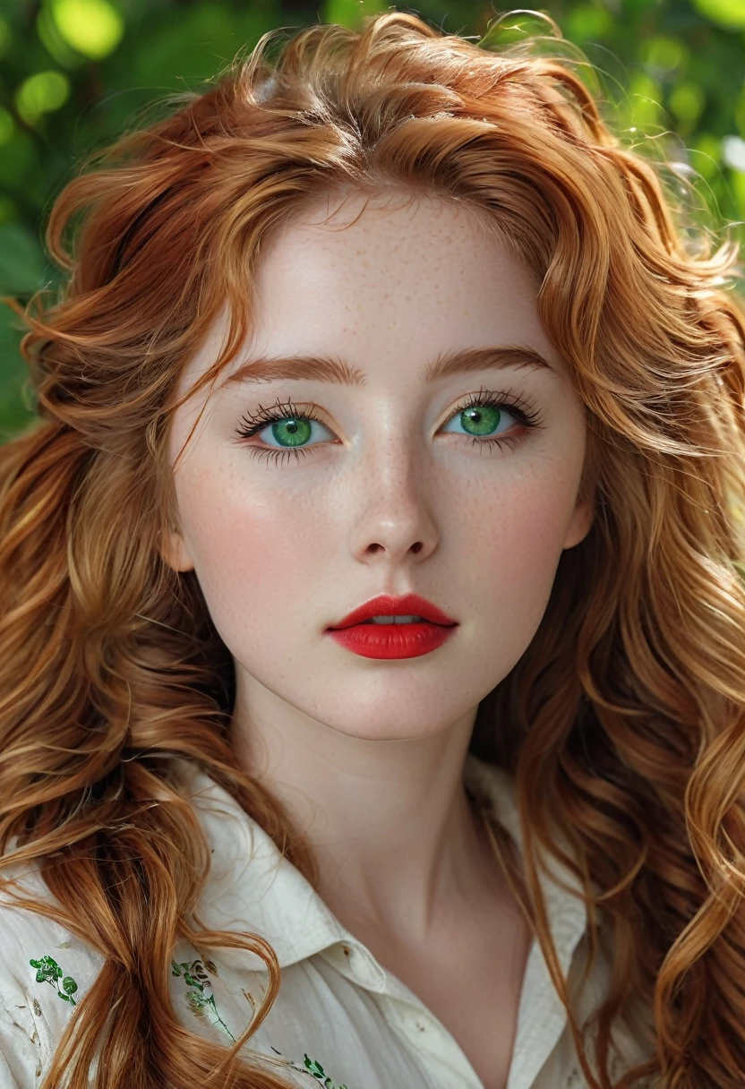 (masterpiece, best quality), ((Practical)), 1 Girl, Solitary, (((18 years old))), (Texture:1.1), (Skin pores:1.2), (Pale skin), (High detail face), Extremely detailed, The art of math,((RAW photos)), ((Very long curly red hair)), (Large double ponytail), Look up, ((Green-gold eyes)), (Translucent cornea, brightness:1.2), ((Beautiful perfect eyes)), Black eyeliner, Sparse eyebrows, Long eyelashes, ((Full lips, Hot red lipstick)), ((whole body, permanent, Random pose)), (Medium breasts)