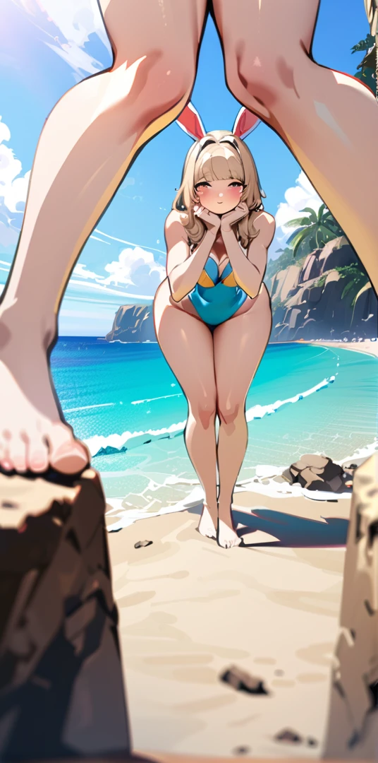 ((Highest quality、、masterpiece:1.3)), Upper Body、Long legs、Sharp focus:1.2, Beautiful woman with perfect figure:1.miling:1.2), double eyelid、30-year-old female、Sexyse、((((Close your mouth、One Woman、Bunny girl,Beach、Tropical、Sandy Beach、Rocky area、Ocean))))