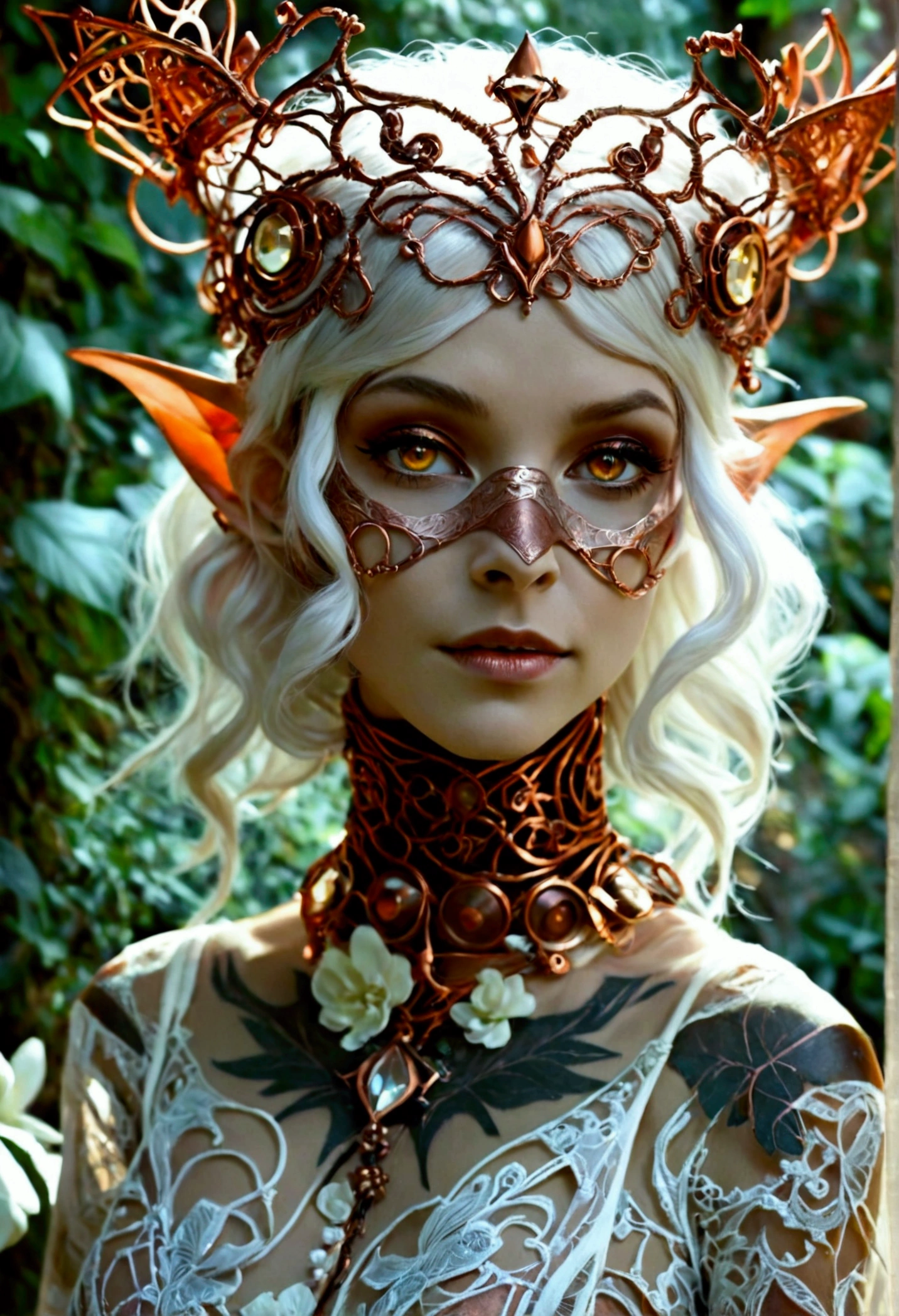 Steampunk inspired goblin princess. copper wire necklaces and bangles. Crown of fine copper wire. copper coloured tatoos cover her face and body intricate and beautiful designs. LArge bat ears. Hands on hips. Ember colored eyes adorned with intricate copper wireing. a pure white dress, hemmed with copper, covered in copper lace and filligree. silver designs cover the skirt in a kaleidoscope of intricate copper designs. Background is magical verdant forrest. Her visage is a mesmerizing blend of Arieal Winter & Alison Brie, creating a unique, symmetrical face that exudes elegance and grace. copper colores face tattoos. Copper colored arms, and chest tatoos. Cozy, romantic lighting. Cheerful smile. Copper hair that shimmers and sparkles in the lights. Hourglass figure. copper lips. dark copper eye shadow. Slim waist and wide hips.
