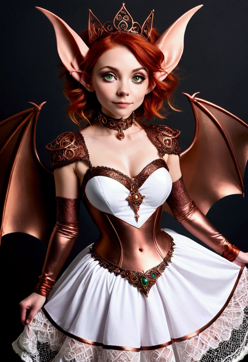 Steampunk inspired goblin princess. copper wire necklaces and bangles. Crown of fine copper wire. copper coloured tatoos cover her face and body intricate and beautiful designs. LArge bat ears. Hands on hips. Ember colored eyes adorned with intricate copper wireing. a pure white dress, hemmed with copper, covered in copper lace and filligree. silver designs cover the skirt in a kaleidoscope of intricate copper designs. Background is magical verdant forrest. Her visage is a mesmerizing blend of Arieal Winter & Alison Brie, creating a unique, symmetrical face that exudes elegance and grace. copper colores face tattoos. Copper colored arms, and chest tatoos. Cozy, romantic lighting. Cheerful smile. Copper hair that shimmers and sparkles in the lights. Hourglass figure. copper lips. dark copper eye shadow. Slim waist and wide hips.

