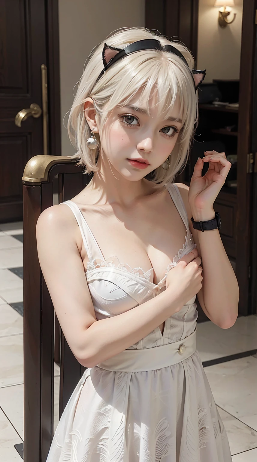 best quality, (masterpiece:1.2), highly detailed, standing, cat ears, 1girl, solo, tojou koneko, looking at the viewer, closed mouth, slight smile, from above, yellow eyes, white hair, short hair, hair ornament, beautiful, beautiful woman perfect body, perfect breasts, wearing a white short and tiny dress, luxurious, beautiful, expensive, very beautiful, handbag, wearing a watch, wearing earrings, walking the red carpet, red carpet, looking at the audience, a slight smile, realism , masterpiece, textured leather, super detailed, high detail, high quality, best quality, 1080p, 16k
