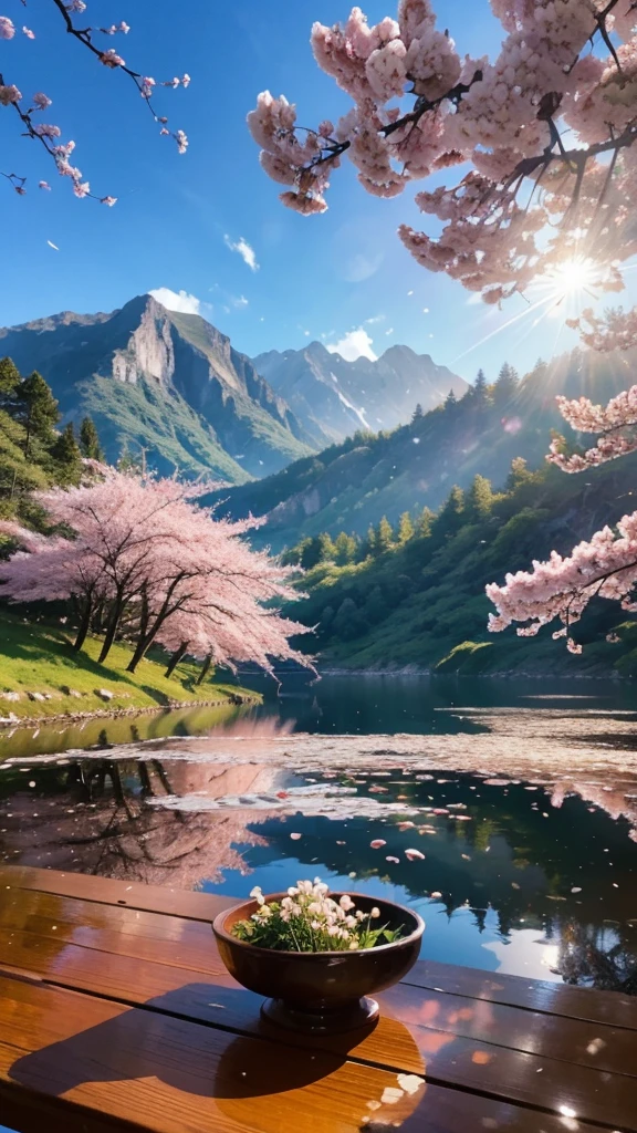 ((Logo, Astonishing, 8K, On the table, RAW photos, Astonishing, Top quality, Photorealistic and Very detailed CG Integrated 8K Wallpaper, high quality, Very detailed, Narrative Poems, Particle Effects, dynamic effect, Text border depth, light, lens flare, Ray Tracing, On the table, real: 1.4, Ultra HD: 1.2, real, real)), fantasy, Anatomically correct, wind, The beauty and splendor of mountains and forests, The silence of the world and the beauty of the meadow, Vast land, Lakeside, 美丽的wind景, 美丽的自然wind景, wind, Cherry blossoms, Cherry blossoms花瓣飞舞, Cherry blossoms暴wind雪, Falling Flowers.