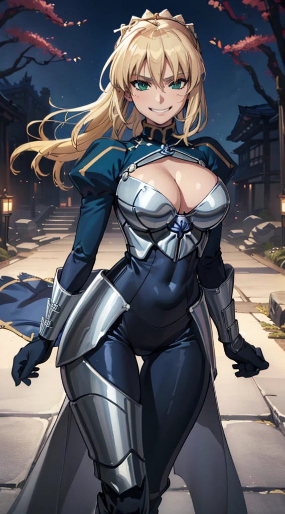 (Highest quality:1.3), Artoria Pendragon by Gate, ((Ahego)), Big Breasts, Cleavage, Fascinating, sexy face, sexy, Curved body, big ass, big , (Bodysuits), (graduate School), Grin、With a creepy smile, A smile with downturned corners