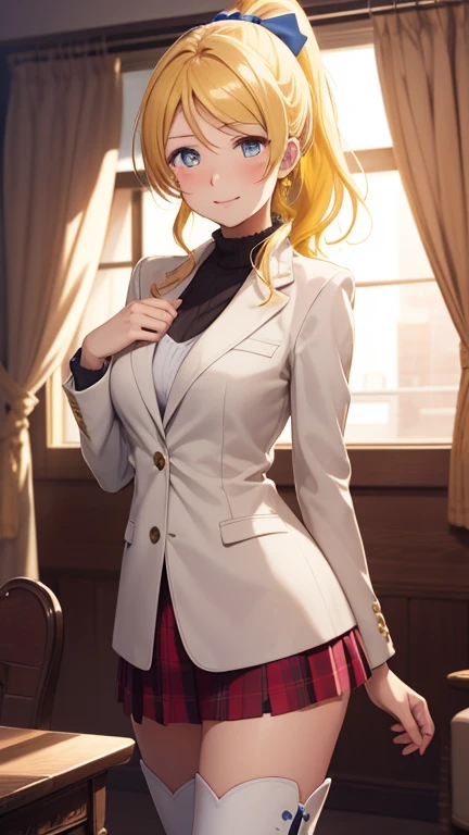 eliayase, eli ayase, yellow hair, blue eyes, ponytail, hair ribbon, masterpiece, best quality, high resolution, unity 8k wallpaper, illustration, beautiful detailed eyes, blush, glossy lips, perfect lighting, extremely detailed CG, perfect anatomy, light smile, white blazer, red miniskirt, white thigh boots