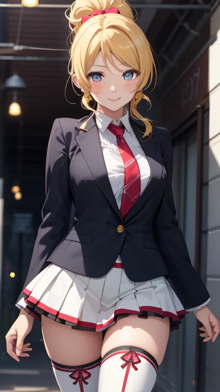 eliayase, eli ayase, yellow hair, blue eyes, ponytail, hair ribbon, masterpiece, best quality, high resolution, unity 8k wallpaper, illustration, beautiful detailed eyes, blush, glossy lips, perfect lighting, extremely detailed CG, perfect anatomy, light smile, white blazer, red miniskirt, white thigh boots