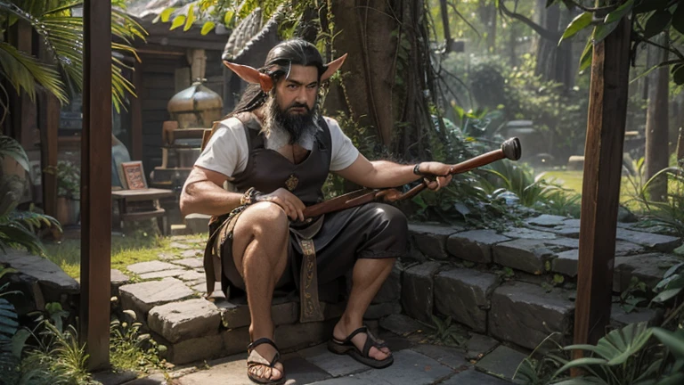 (masterpiece), 8k, best quality, cartoon elf, little man, 1 meter tall, black hair, black beard, old man, wrinkled skin, thick nose, brown eyes and pointed elf ears, denoting his magical nature Mayan warrior clothing often accompanied by feathers, a strange three-pointed blue and green crown, which adds a touch of mystery to their appearance. A leather apron and buckled sandals complete his characteristic attire. They always carry with them a pipe, a small old and worn hammer, indicating his skills as craftsmen and engineers.

