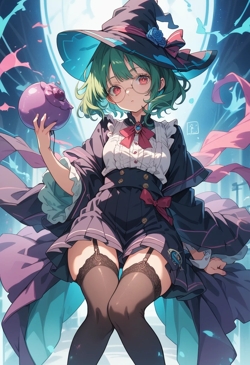 A large witch's hat with a wide frill and a purple rose decoration, a robe with the Duke's coat of arms on the sleeve, a cream-colored blouse, a winered ribbon tie, a high-waisted skirt, garter stockings, and pumps.
Curly short cut, green hair, large round glasses (Zero gravity, holding my knees as I float inside.)