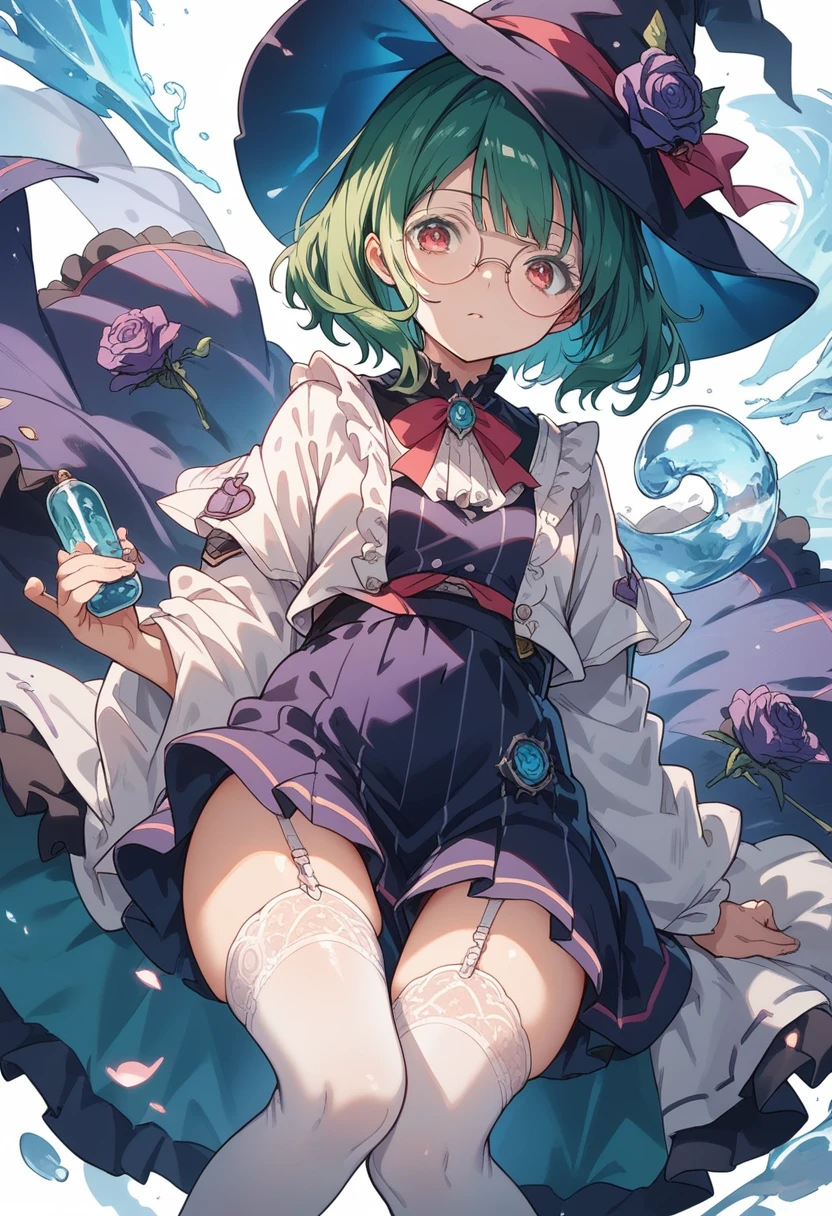 A large witch's hat with a wide frill and a purple rose decoration, a robe with the Duke's coat of arms on the sleeve, a cream-colored blouse, a winered ribbon tie, a high-waisted skirt, garter stockings, and pumps.
Curly short cut, green hair, large round glasses (Zero gravity, holding my knees as I float inside.)