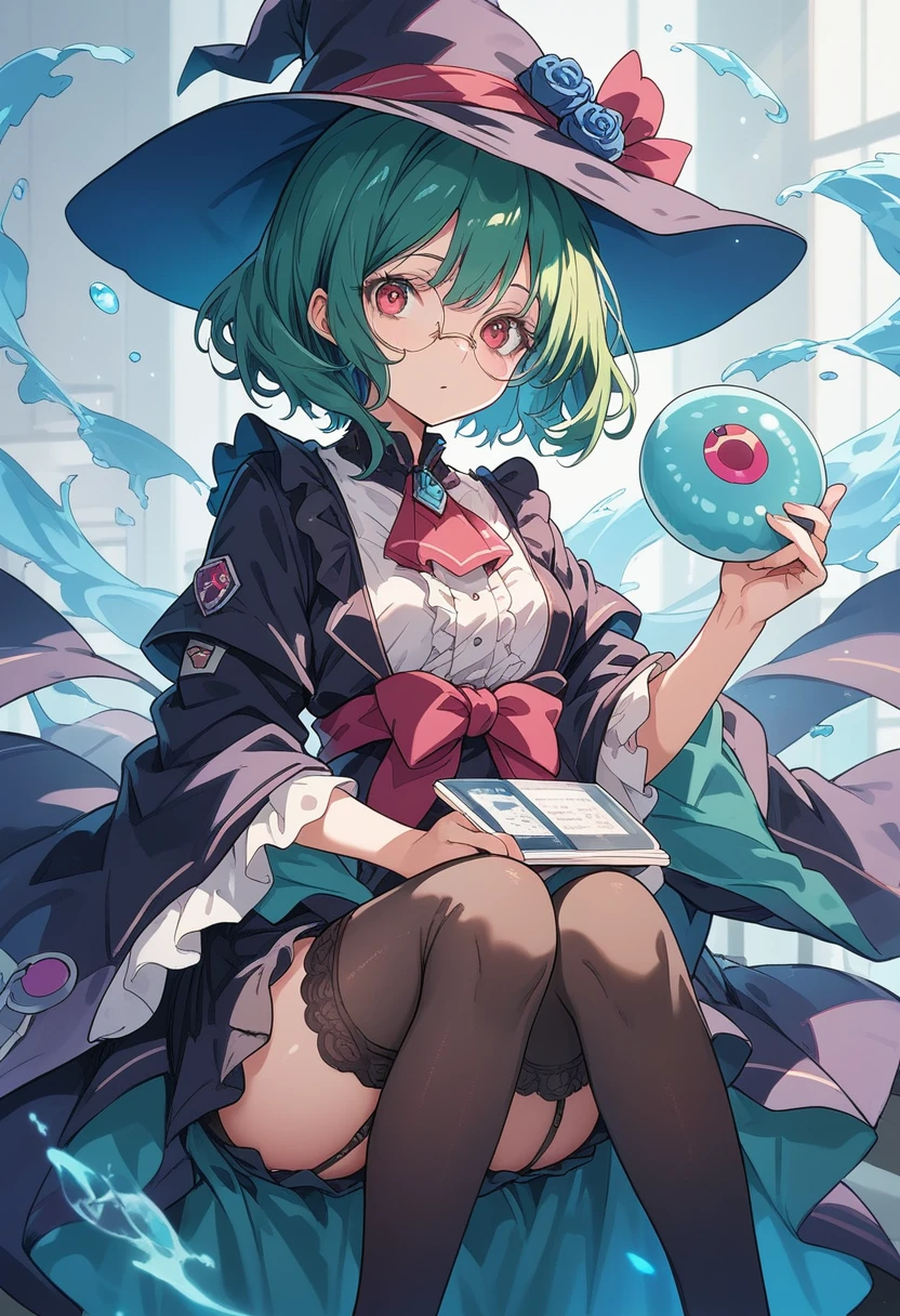 A large witch's hat with a wide frill and a purple rose decoration, a robe with the Duke's coat of arms on the sleeve, a cream-colored blouse, a winered ribbon tie, a high-waisted skirt, garter stockings, and pumps.

Curly short cut, green hair, large round glasses　(Zero gravity, holding my knees as I float inside.)