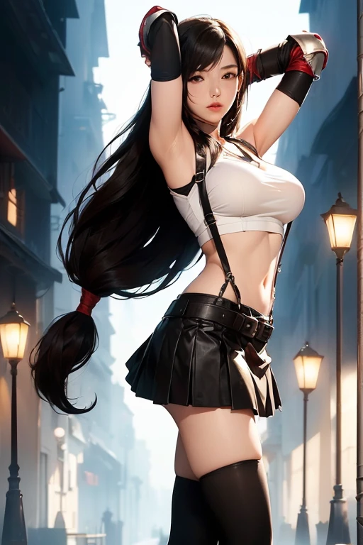 (((丰满柔软ofbreast,)))(((巨大ofbreast))) (((Cleavage)))Fraction_9, Fraction_8_up, Fraction_7_up, Fraction_6_Direction_5_up,,rexisting_of. rest , (From the front.from the side,Front view,Foot Focus,permanent,straight on,,(upperbody),Watching_exist_Viewer ,1 Girl, Tifa Lockhart, Final Fantasy, puppet,Black Hair, Low-tied long hair, Red Eyes, Bangs, (White vest, belt, pleexisted skirt, High Leg Raise, Elbow fingerless gloves, Elbow pads, diaphragm, Umbilical cord,Suspender Skirt) ,大of_breast,(淡淡of微笑),,,独自of,,(daytime、Seaside and city),细致of皮肤,(最好of质量),(审美of,very 审美of),,Reality,Very detailed,,Depth of Field,,Professional lighting,cinemexistic lighting, 舞动ofbreast,arms up,双手放exist头后,头发中of武器, 　　