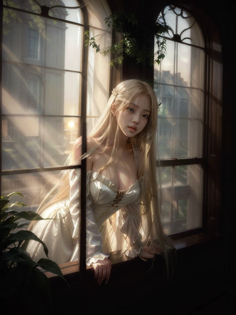 blonde haired woman big natural breasts  in white dress Victorian era l peeking out the window surrounded by plants  while her long hair flies in the air, anime. soft lighting, blonde anime girl with long hair, artwork in the style of guweiz, beautiful anime portrait, with white long hair, anime girl with long hair, guweiz, beautiful anime girl, with long white hair, beautiful anime style, anime realism style, blonde - haired princess