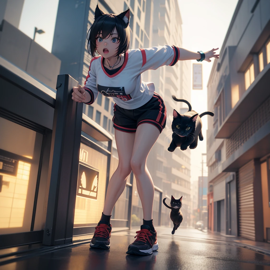 A photorealistic 3D detailed character, jogging pose, neko cat style, eccentric sneakers, along with black cat pet, hyperrealistic, cinematic lighting, highly detailed, intricate textures, dynamic motion blur, 4K, hyper detailed