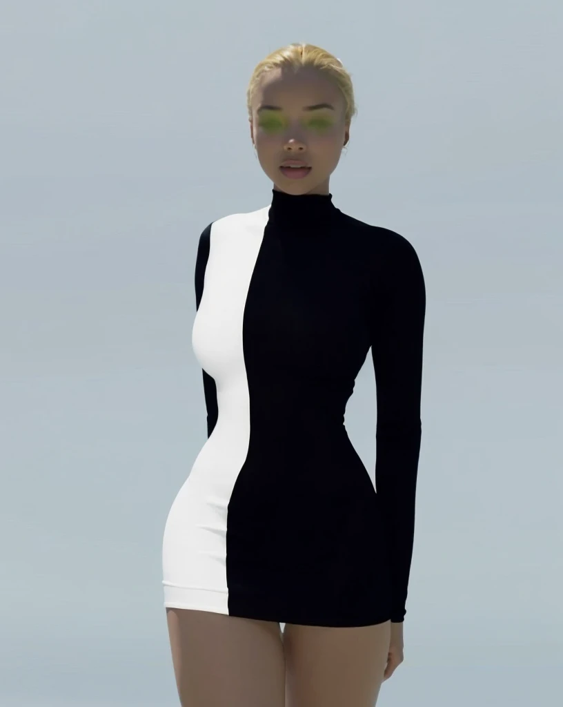 (Beautiful girl, Sonequa Martin-Green, Dove Cameron, Laura Harrier, Peyton List), Wearing tight white and black cotton-Lycra-fabric long sleeve mini dress, round breasts, slim waist, big hips, beautiful soft thighs, beautiful legs,(HDR, 8K, vivid, vibrant, detailed: 1.4), (hyper realistic, movie graphics)