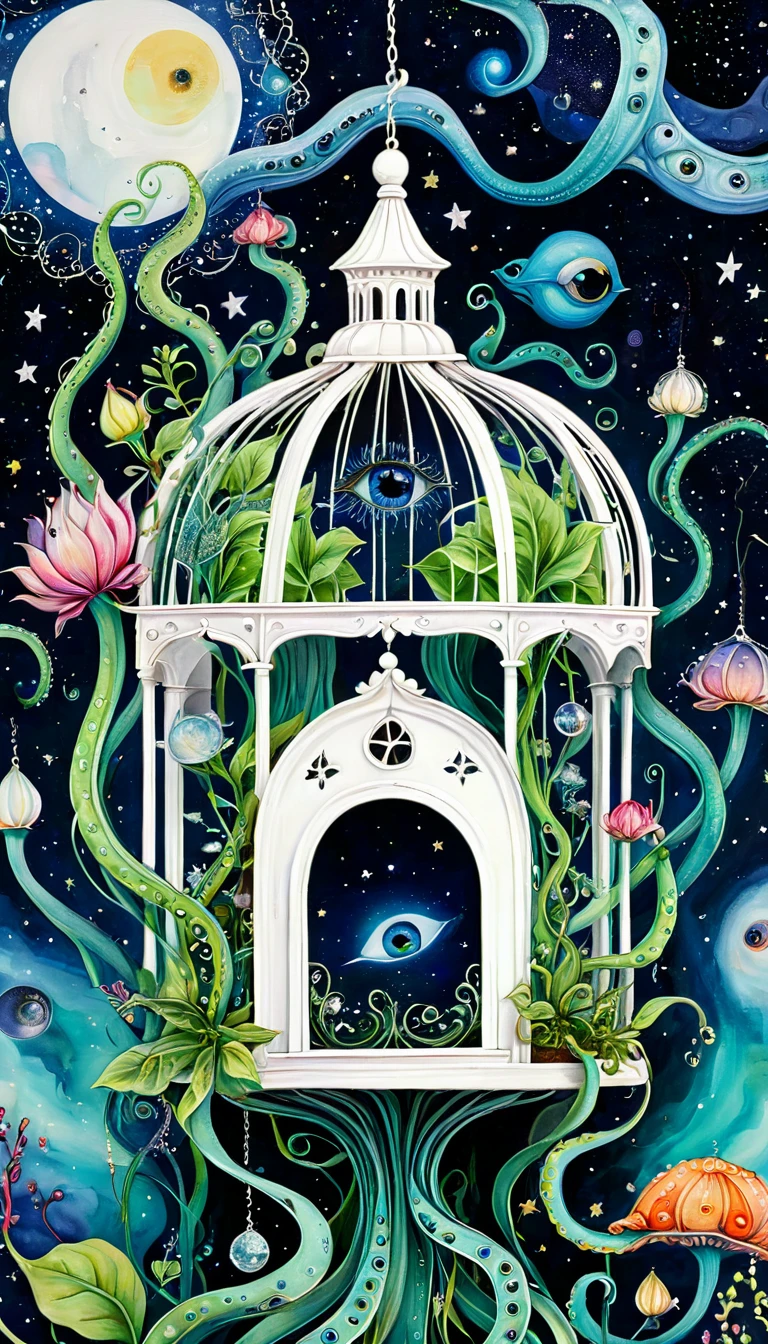 birdcage,plant,Tentacles,Eye、Starry Sky,Stitching together an abstract painting,Describing the inner world of autistic people,Sense of space,White Space,interesting,Innocence,Psychedelic Art,