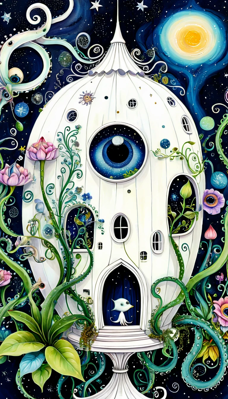 birdcage,plant,Tentacles,Eye、Starry Sky,Stitching together an abstract painting,Describing the inner world of autistic people,Sense of space,White Space,interesting,Innocence,Psychedelic Art,