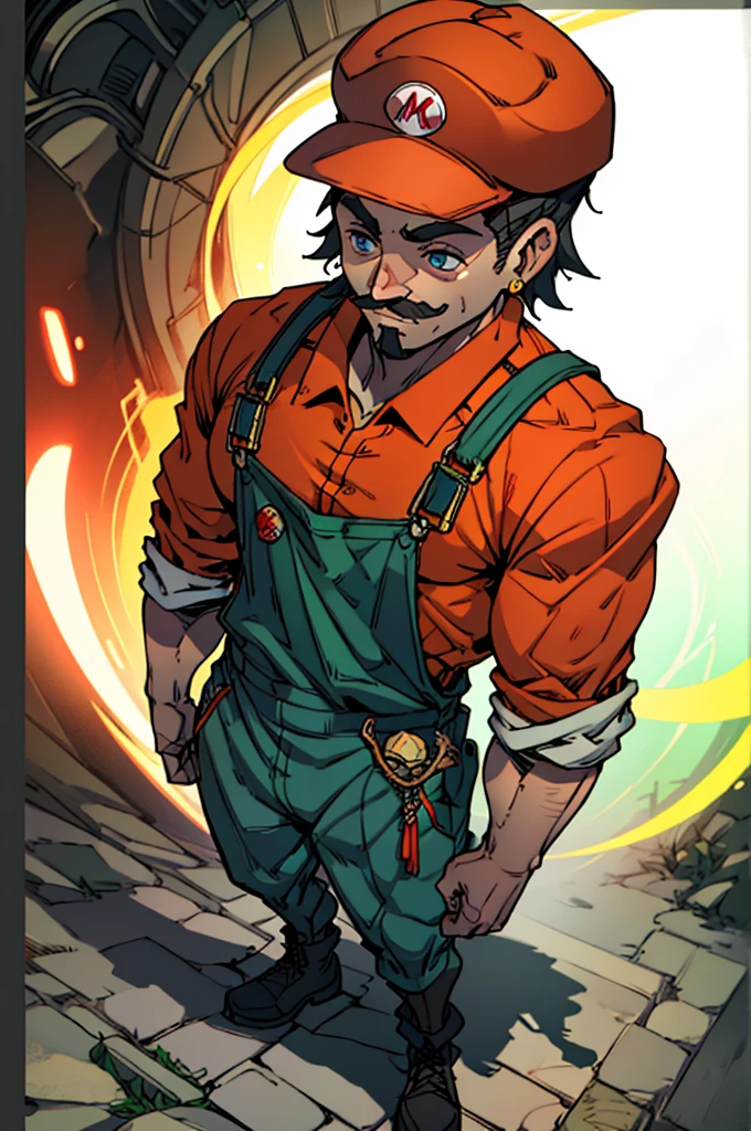 A high-quality, detailed Mario character, intricate details, photorealistic 3D rendering, dynamic lighting, cinematic angle, vibrant colors, bold shadows, muscular body, heroic expression, his mustache covering his smile, iconic red hat and overalls, JoJo's outfit, red JoJo's outfit with gold parts, detailed facial features, expressive eyes, adventurous pose, JoJo's pose, lush and colorful environment, perfect composition, cinematic atmosphere, masterpiece, full body shot, full body, whole body, no background, completely blank background with no details, no tattoo