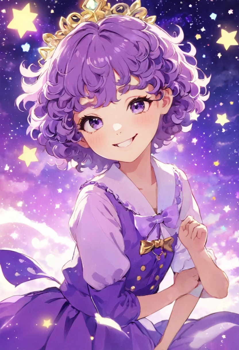 ((work of art)), (best qualityer),, offcial art, Kizi, short hair with curly bangs, curls, smiling, fly away, glad, pretty, bow, Caucasian skin, skin fair, adolescent, magica, mystical, magical world, bts, Bangtan, galaxy, spots on the face, little Princess, magica, light purple, Youngh.