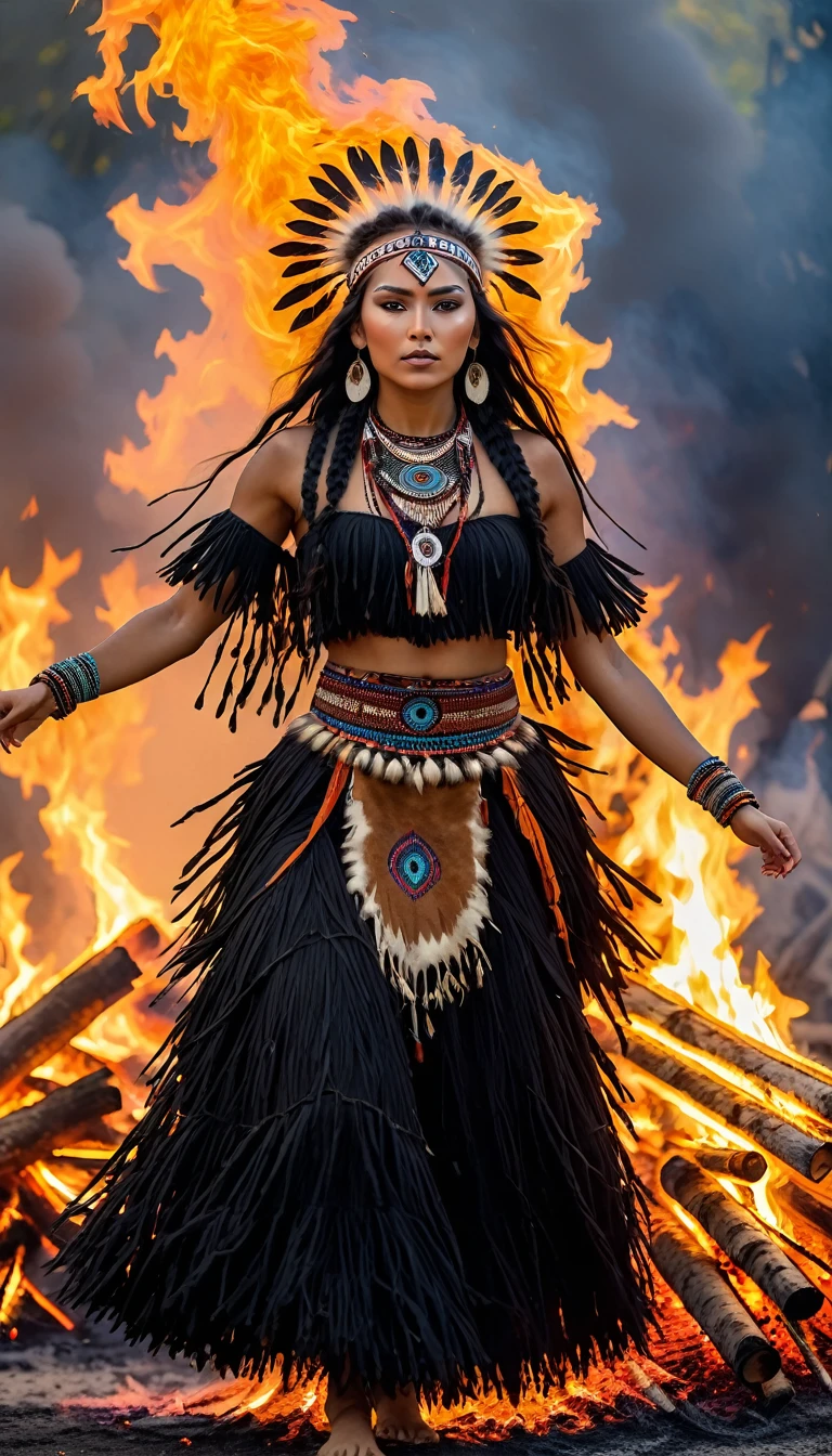 Arafida woman in native dress dancing in front of a bonfire, huge bonfire, she is dressed in shaman clothes, beautiful young shaman,native american shamen fantasy, a beautiful warrior woman, woman made of black flames, appears as the fire goddess, dançar ao redor de uma huge bonfire, native american, aztec warrior goddess, Karol behind uhd, warrior woman,