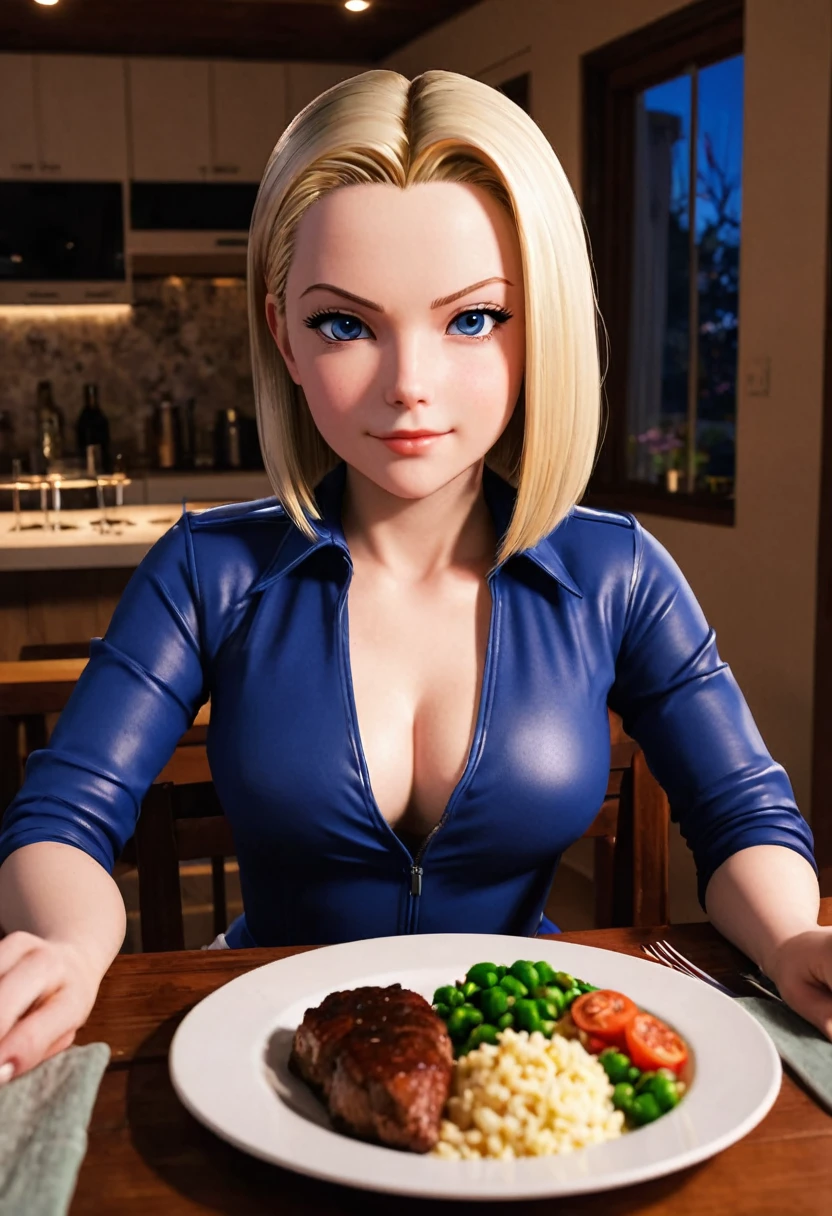 Android 18, pov home dinner date, romantic lighting, smug_grin