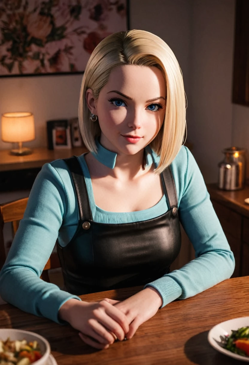 Android 18, pov home dinner date, romantic lighting, smug_grin 