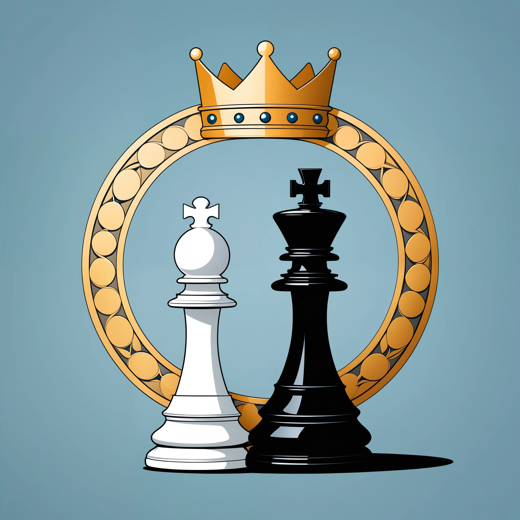 in style of Georg Jensen, graphic design,Vector,2d illustration,Logo design,Queen,crown,Battle flag and king chess piece,Minimalist design,Moderate amount,clear,