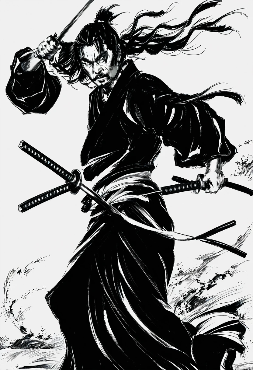 whole body,smile,Medium Hair,Samurai,Black kimono,(haori),(Intense sword fighting scene with outstretched arms),Drawing strokes drawn with rot ring 0,Dynamic movement and powerful brushstrokes、splash,