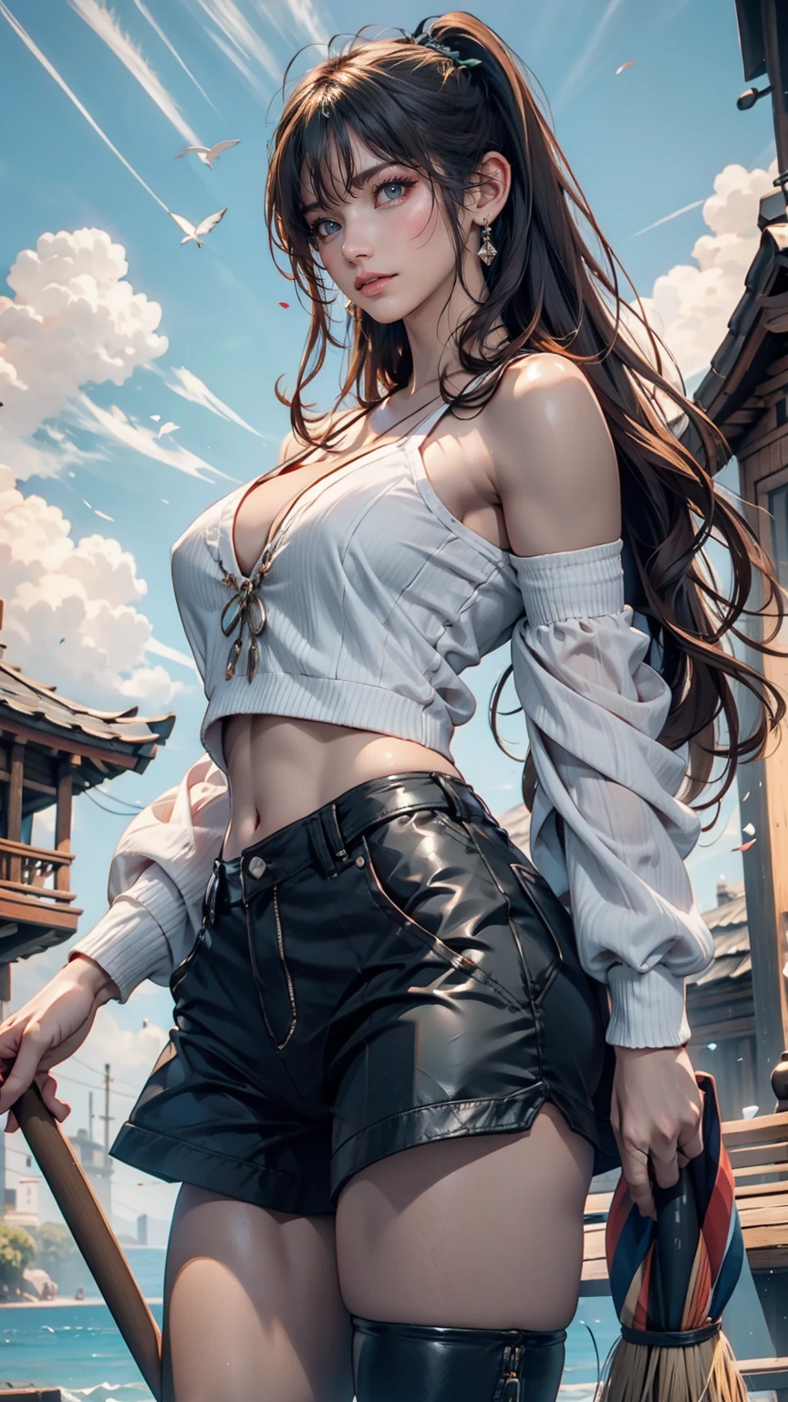 24-year-old female、Sexy proportionature female body、Bleached Hair, Model pose, Delicate skin types, Light curly hair、Hair model photo、Twin tails、Orange gradient color、Scrunchies on the wrist、Sexy proportions、Off-the-shoulder tops、Navel visible、Shorts、short boots、She is a witch、Has mastered the magic of flying、Flying on a magic broomstick just above the water、Fly through the sky on a magic broom like Harry Potter、A small island on the horizon々Scattered、Clearing blue sky、