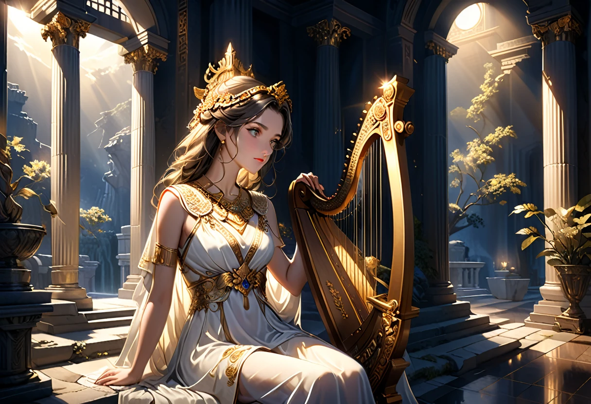 (best quality,ultra-detailed,realistic:1.37), humor, comic style, bold lines,a young priestess, sitting, she places a harp larger than herself in front of him and plays it, playing a large lyre, ancient Greek temple, late at night, inside the temple it is (dark:1.3) and there is (no lighting:1.2), the moonlight shines in at an angle, shining a faint light on her., highly detailed, photorealistic, realistic lighting, intricate architecture, ornate decorations, cool color palette, golden accents, soft fabric textures, mesmerizing expression, elegant pose, cinematic composition, natural lighting, realistic shadows, mystical atmosphere, hyperrealistic, award-winning art