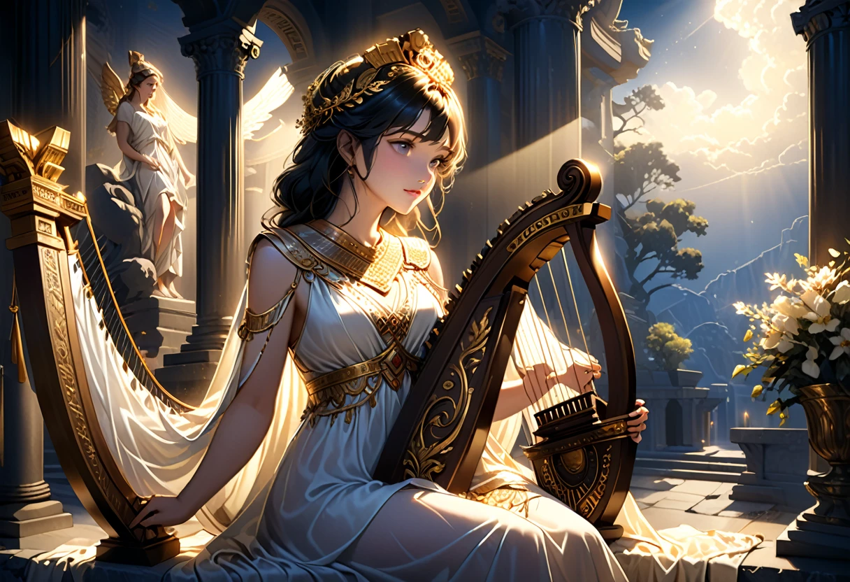 (best quality,ultra-detailed,realistic:1.37), humor, comic style, bold lines,a young priestess, sitting, she places a harp larger than herself in front of him and plays it, playing a large lyre, ancient Greek temple, late at night, inside the temple it is (dark:1.3) and there is (no lighting:1.2), the moonlight shines in at an angle, shining a faint light on her., highly detailed, photorealistic, realistic lighting, intricate architecture, ornate decorations, cool color palette, golden accents, soft fabric textures, mesmerizing expression, elegant pose, cinematic composition, natural lighting, realistic shadows, mystical atmosphere, hyperrealistic, award-winning art