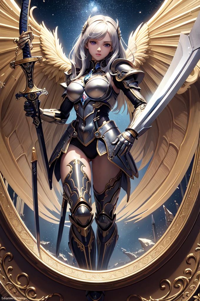 (masterpiece, best quality:1.3),Very detailed, complex, 8K, Human Development Report, wallpaper, light, (universe),(Holding a sword:1.3), Luminescence, armor, Luminescence eyes, Mecha, Big Wings,