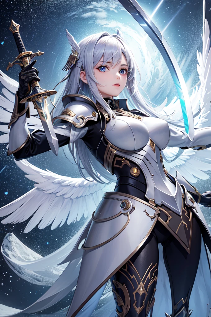 (masterpiece, best quality:1.3),Very detailed, complex, 8K, Human Development Report, wallpaper, light, (universe),(Holding a sword:1.3), Luminescence, armor, Luminescence eyes, Mecha, Big Wings,    