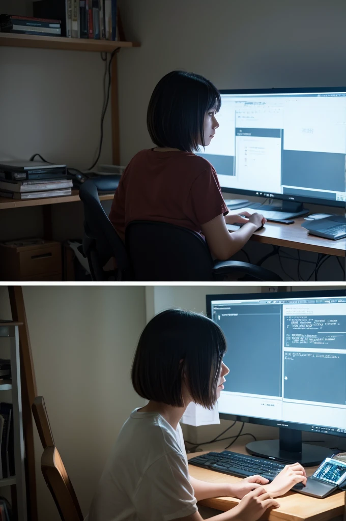 A female programmer in her 20s、Draw a scene where you are working in your room at home。She has a short hairstyle、Concentrating and staring at the computer screen。The room is dark because it&#39;s night.、keyboard on the desk、mouse、There are also several programming related books.。In the background of the room、I can see the moonlight and city lights from the small window.、Soft light from a desk lamp illuminates her workspace.。This illustration、It expresses the atmosphere of a woman immersed in coding alone on a quiet and calm night.。