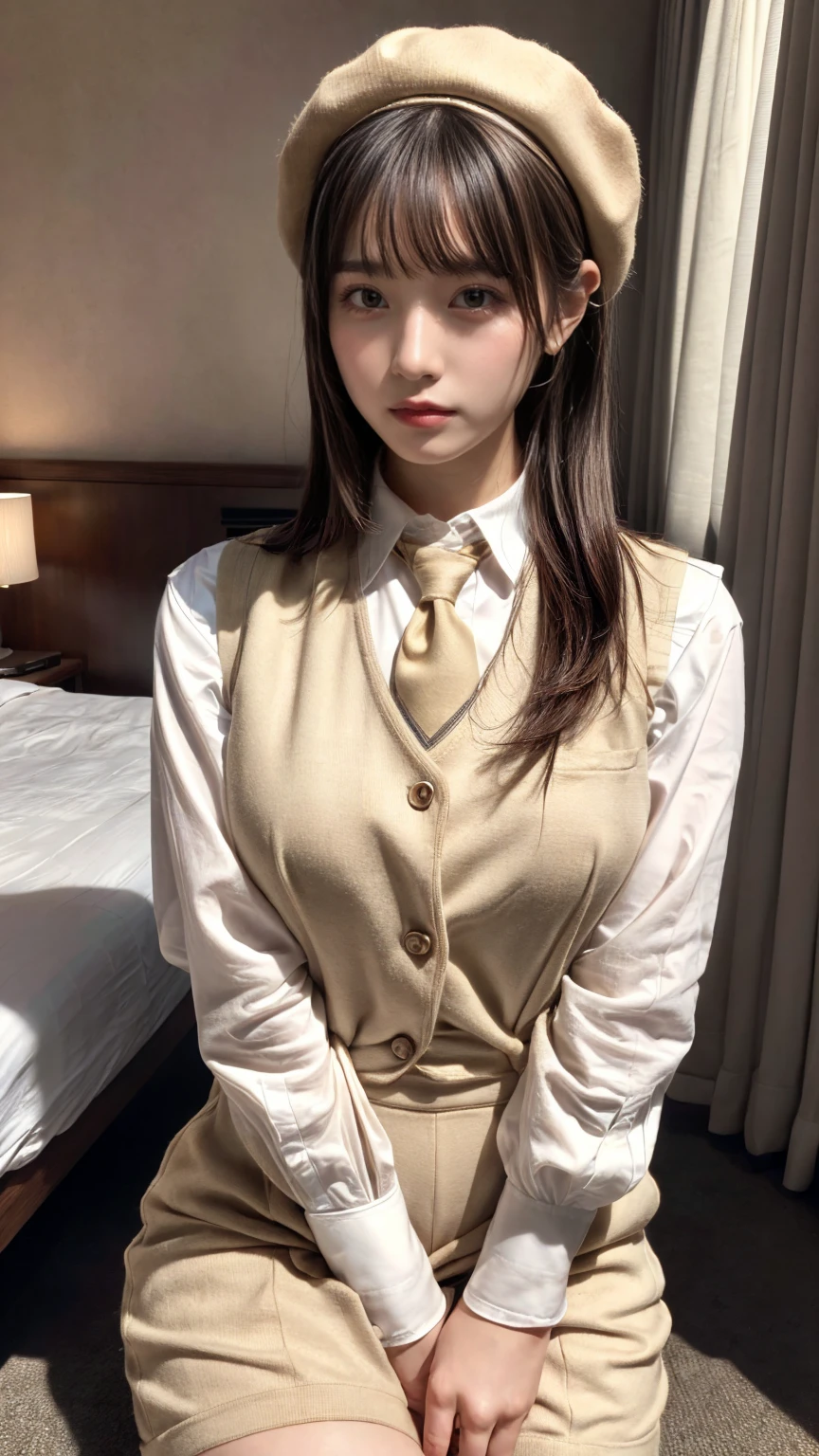 (absurdres:1.3), (highres:1.3), (ultra detailed:1.3),(1girl:1.3), (extremely detailed CG unity 8k wallpaper:1.3), (detailed skin texture, detailed cloth texture, detailed hair texture), (beautiful detailed face, supermodel, pale skin, realistic glistening skin), (RAW photo, best quality), (realistic, photo-realistic:1.4), masterpiece, extremely delicate and beautiful,Amazing, finely detail, extremely detailed CG unity 8k wallpaper, huge filesize, ultra-detailed, highres, absurdres, soft light,rim light, vibrant details, hotel room, straight hair, large breasts, black hair color, Big Natural Color Lip, (perfect body shape), beautiful legs, BREAK (beige theme:1.5), (beige short-culotte:1.4), ((beige vest, arms exposed vest, button):1.3), (long sleeve white shirt:1.4), (necktie:1.2), (beige beret with Ribbon:1.4), (bare legs:1.3), (white socks:1.2) ,(brown loafers:1.3), crying a little、Harajuku style、20 year old girl、cute type、lolita、