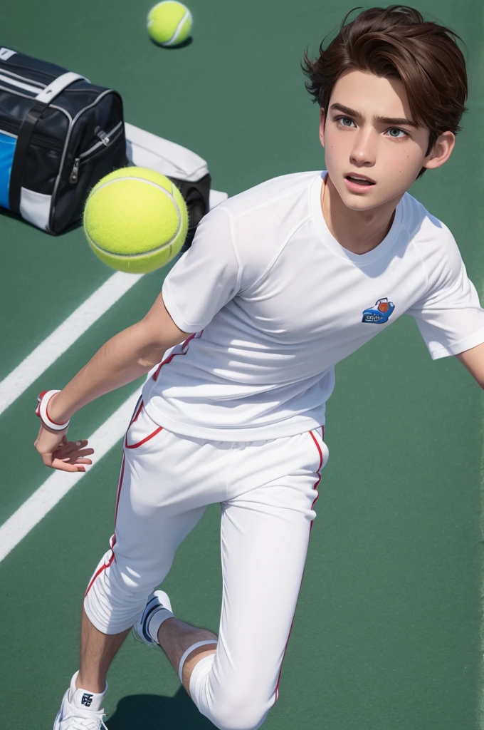 3d Disney Pixar character of a boy between ,Middle,cor branco,half straight hair,eyes browns ,white shirt white tennis, pants with elastic on the leg