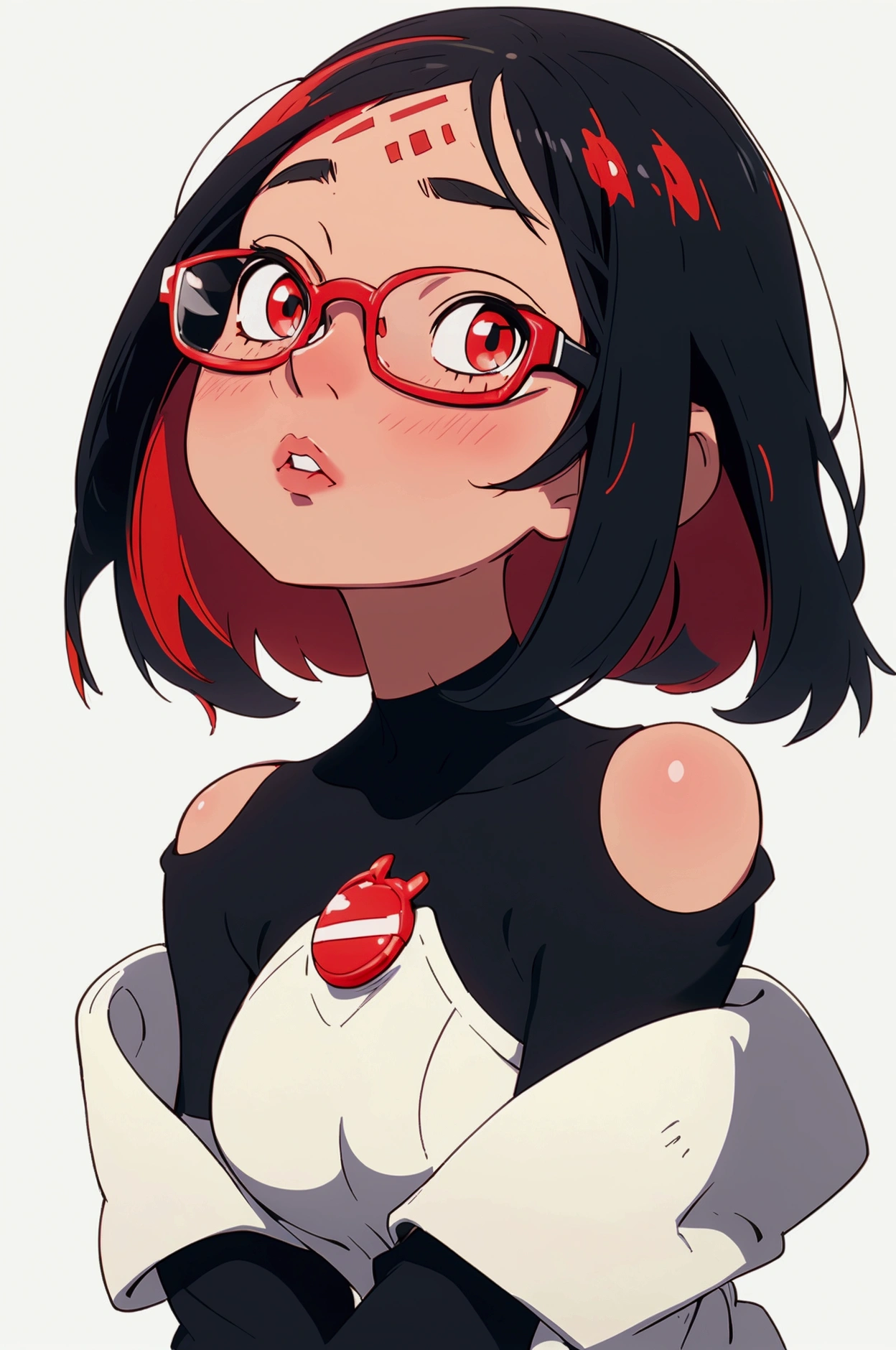 Sexy girl with bob cut wears glasses, white background, black eyes, face waiting for kiss, white skin, big breasts, looking up, black hair, Facing forward, bare shoulders, highlighting breasts, parted lips, red cheek, half body