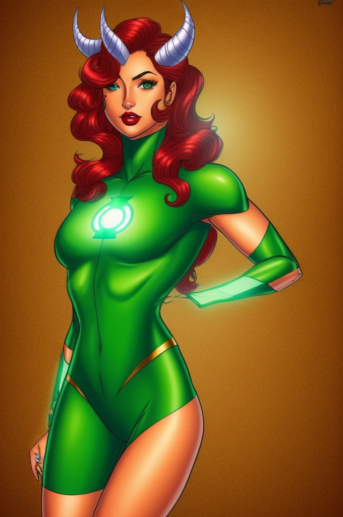 masterpiece, best quality, tiefling, 1girl, red skin, colored skin, horns, pointy ears, green lantern jessica_cruz costume looking at viewer, upper body 