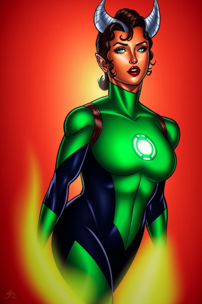 masterpiece, best quality, tiefling, 1girl, red skin, colored skin, horns, pointy ears, green lantern jessica_cruz costume looking at viewer, upper body 