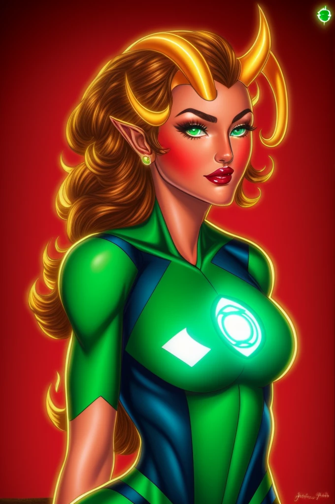 masterpiece, best quality, tiefling, 1girl, red skin, colored skin, horns, pointy ears, green lantern jessica_cruz costume looking at viewer, upper body 