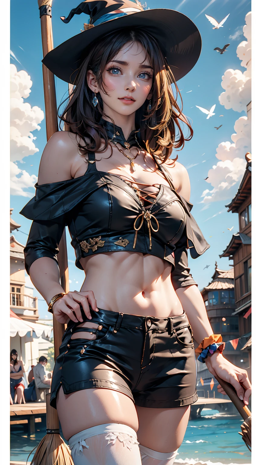 24-year-old female、Sexy proportionature female body、Bleached Hair, Model pose, Delicate skin types, Light curly hair、Hair model photo、Twin tails、Orange gradient color、Scrunchies on the wrist、Sexy proportions、Off-the-shoulder tops、Navel visible、Shorts、short boots、She is a witch、Has mastered the magic of flying、Flying on a magic broomstick just above the water、Fly through the sky on a magic broom like Harry Potter、A small island on the horizon々Scattered、Clearing blue sky、